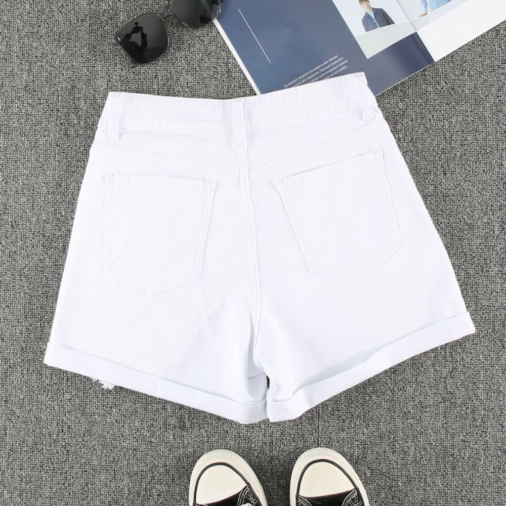 White Rolled—Up High Waist Distressed Denim Shorts - Picture 4 of 9